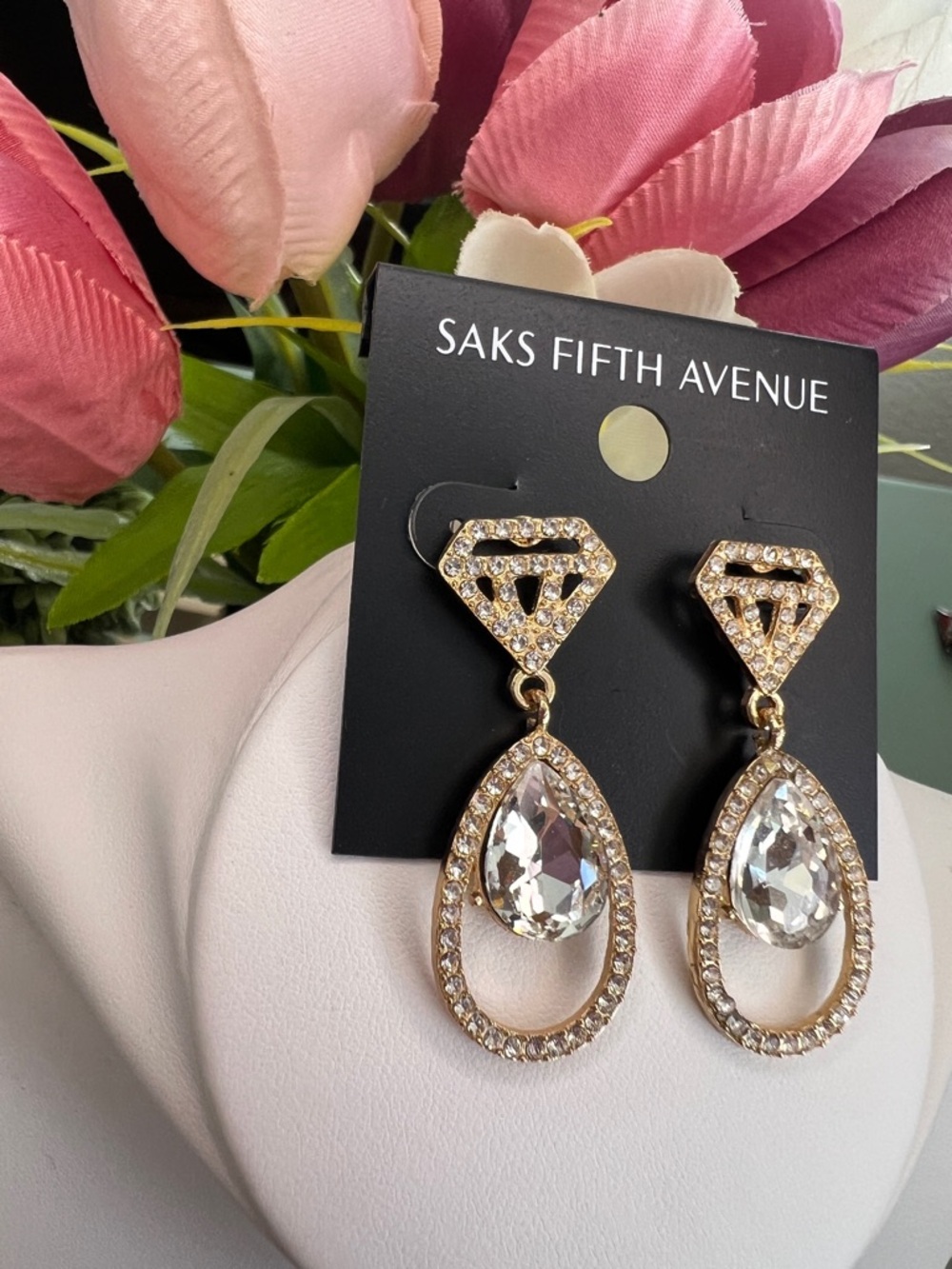 Saks Fifth Avenue Gold Diamond Shape Dangling Earrings - Picture 2 of 5